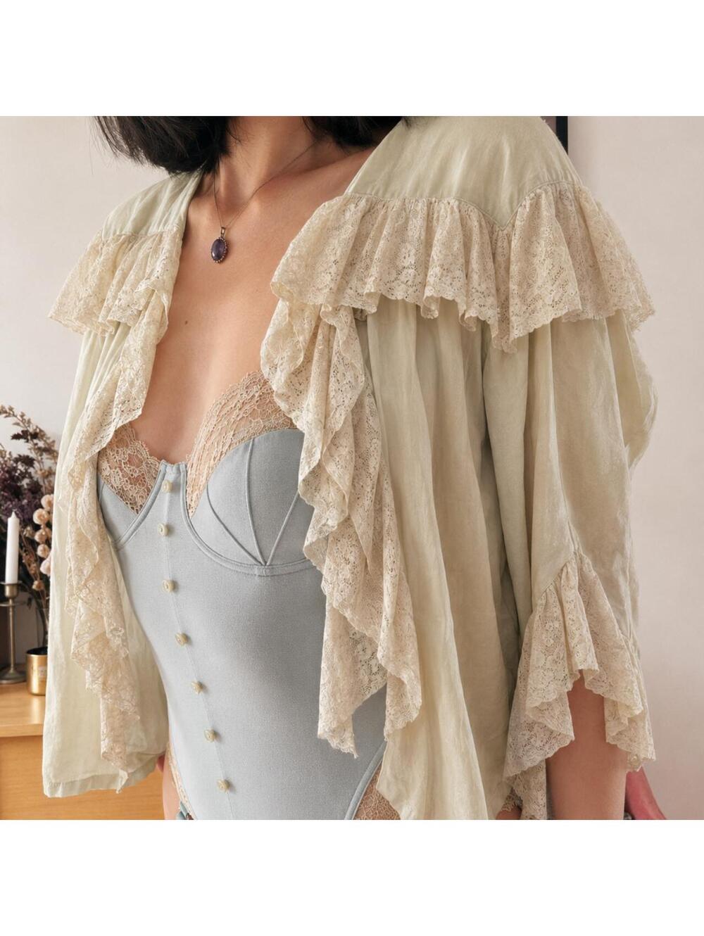 1920s Mint green French Lace Cotton silk Bolero Embroidered Bed Jacket
